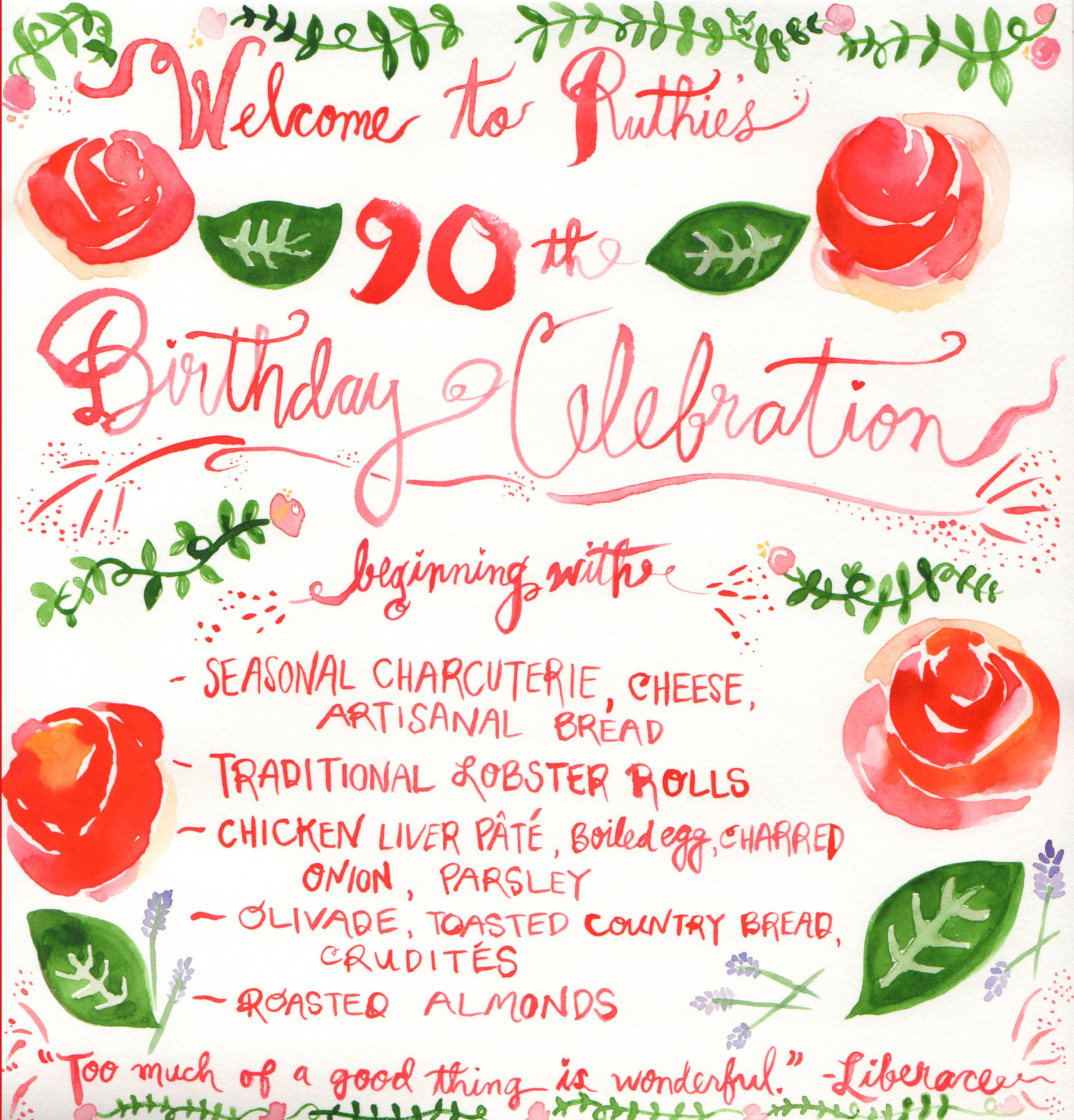 Watercolor rendition of a 90th Birthday Party Menu.