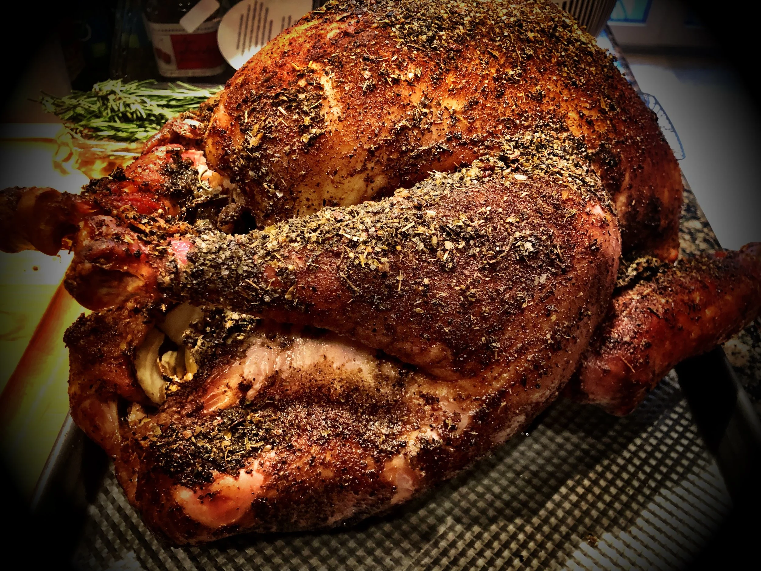Smoked Turkey stuffed with fennel, orange and garlic
