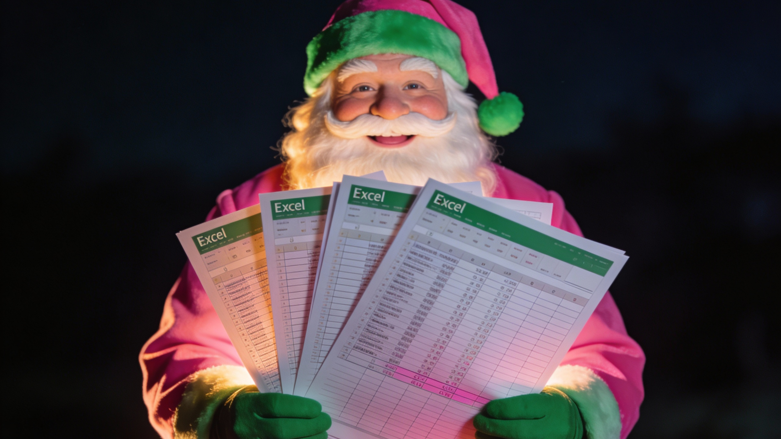 Decorative illustration: Santa holding spreadsheets dressed In Productle colours