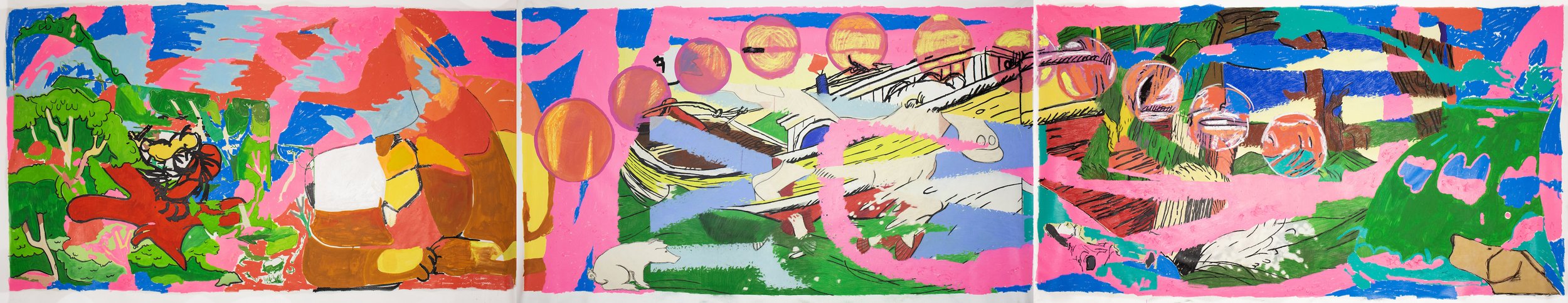  The Original, Phenomenal, Incredible, Sensational, Electrical, Dynamical, Habitual, Perennial Picnic and Pretty Good Time  Three panel work measuring 52” x 24’  Oil, acrylic, color pencil on canvas 