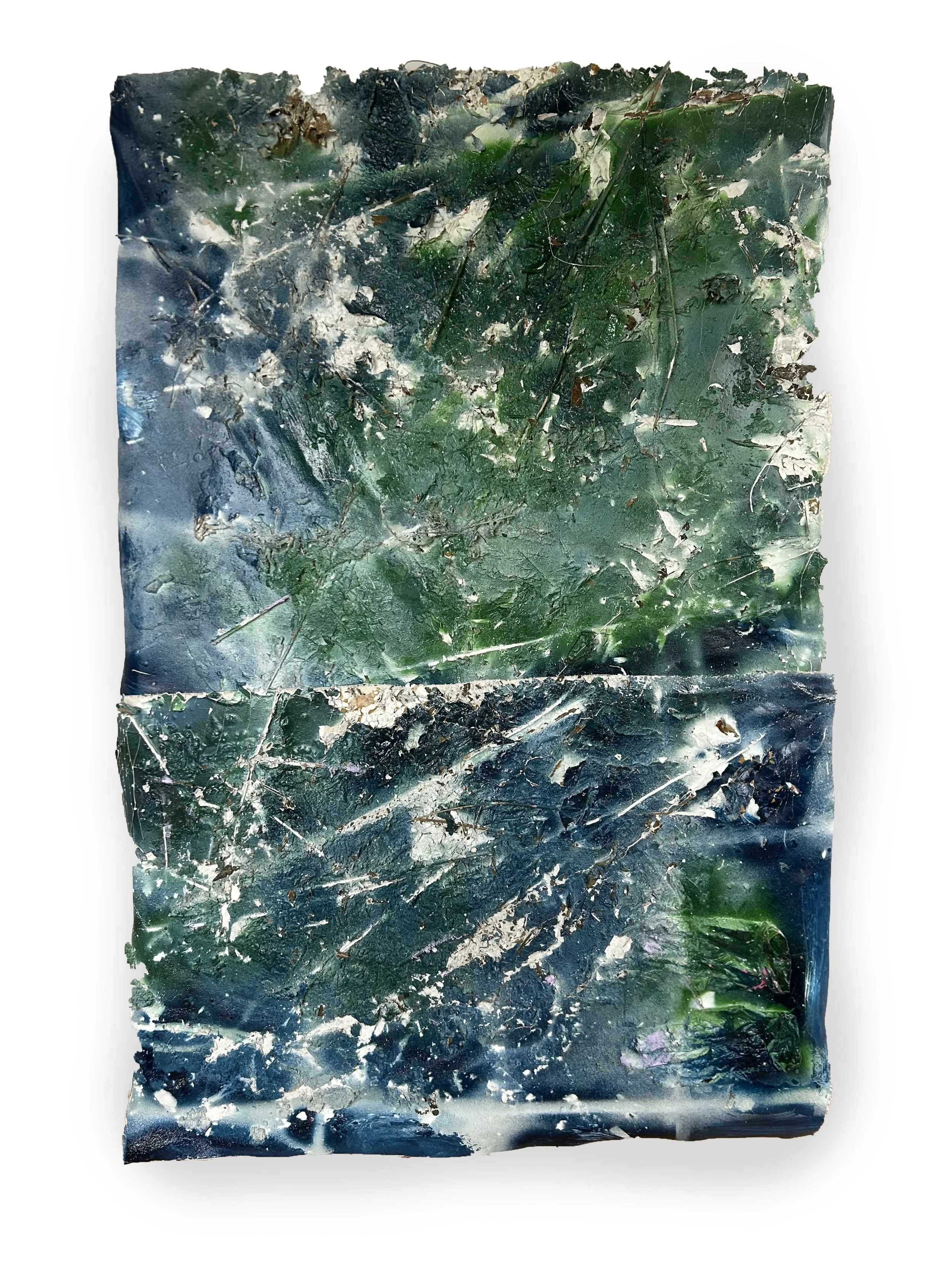  December  Flora, rocks, sticks, sand, dirt, oil, acrylic, nylon, gloves, canvas  34” x 51” 