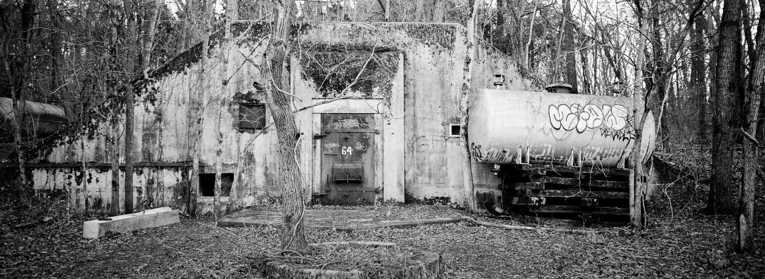 World War II ammo bunker. Fuji TX-1, 45mm. Shot on Portra 400 and converted to B&amp;W in Lightroom.