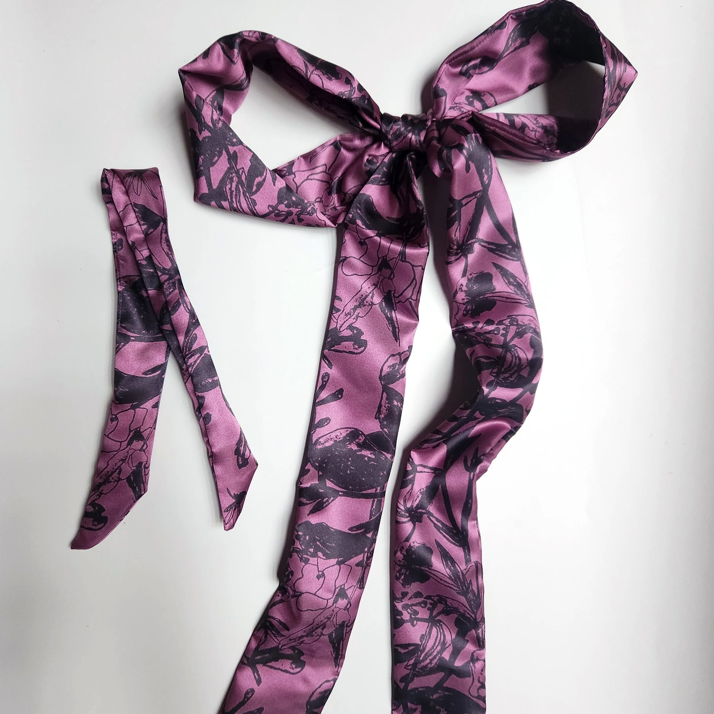 Ribbon Belt + Short Scarf in eggplant & black (satin)
