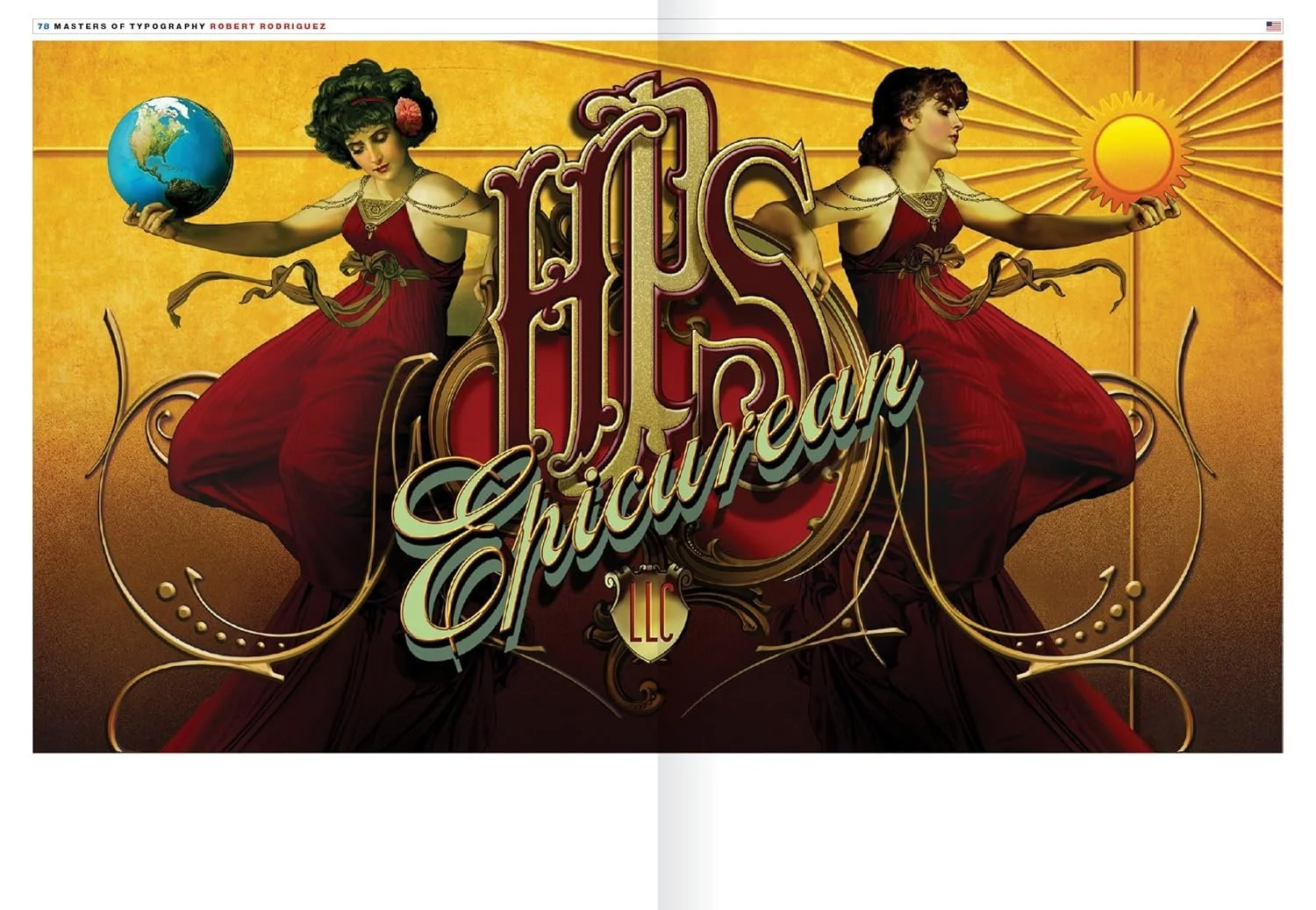 Two women in red dresses holding a globe and a sun with elaborate lettering that says 'Epic Speech LLC' against a gold background.