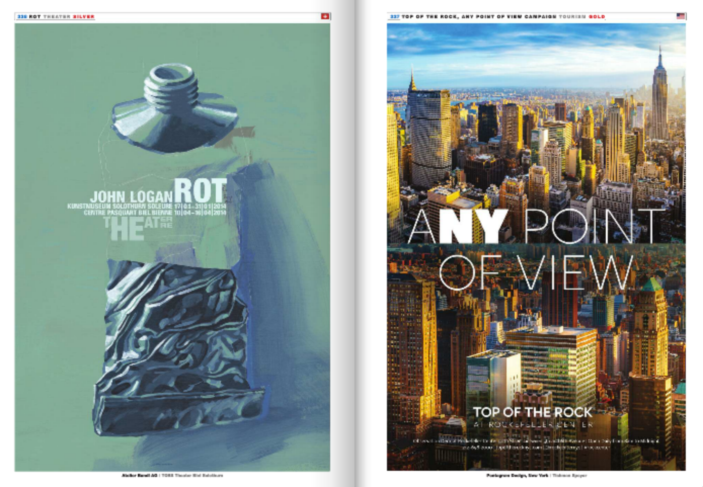 Left: Artistic depiction of a metal bolt head against a green background with text advertising an art exhibition by John Logan. Right: Aerial view of the New York City skyline at sunset with text overlaid that says 'ANY POINT OF VIEW' and 'TOP OF THE