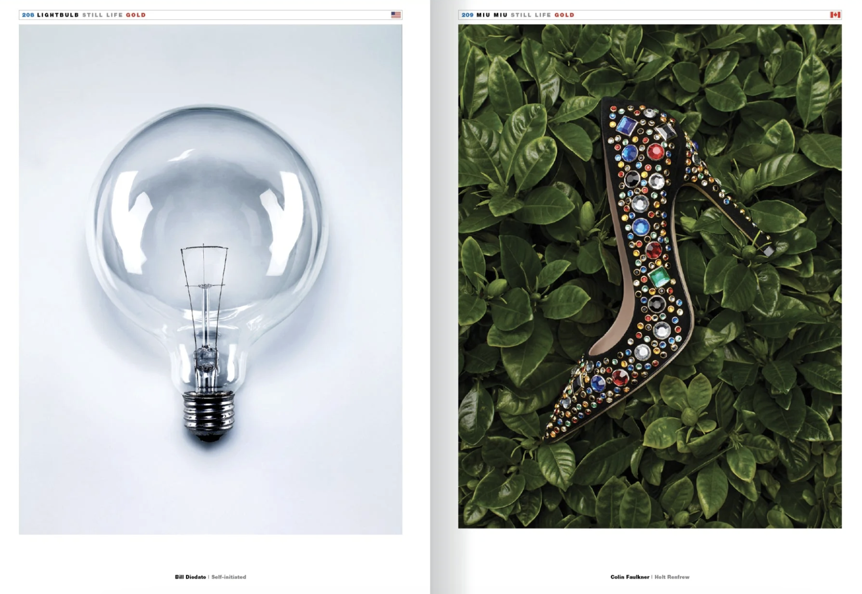 A lightbulb on the left side, and a high-heeled shoe decorated with colorful rhinestones on the right side, surrounded by green leaves.