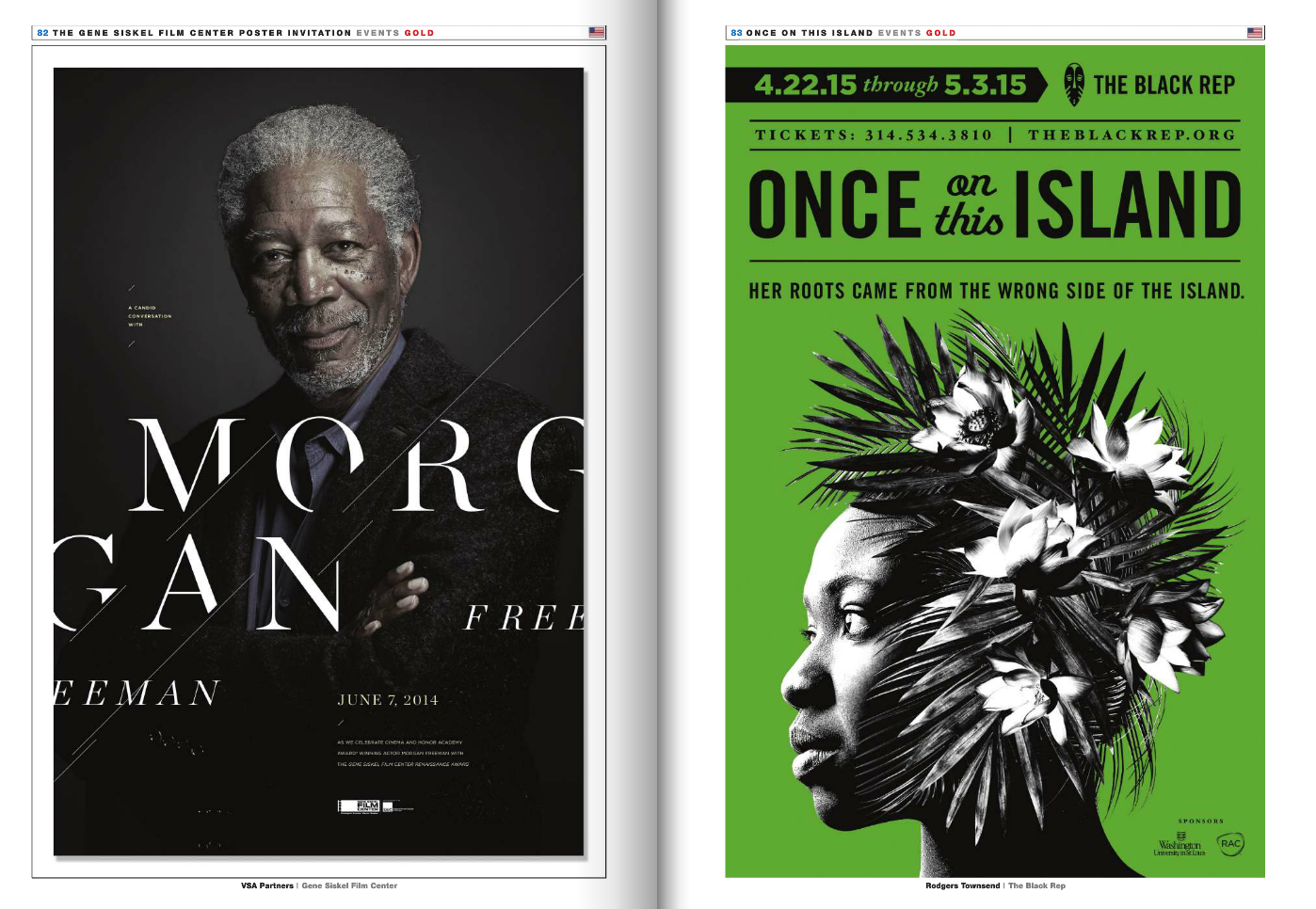 Left side: Movie poster of Morgan Freeman, featuring a close-up photo of him with gray hair and a beard, in black and white. Right side: Bright green poster for the event "Once on this Island," showing a woman's profile with her hair made of tropical