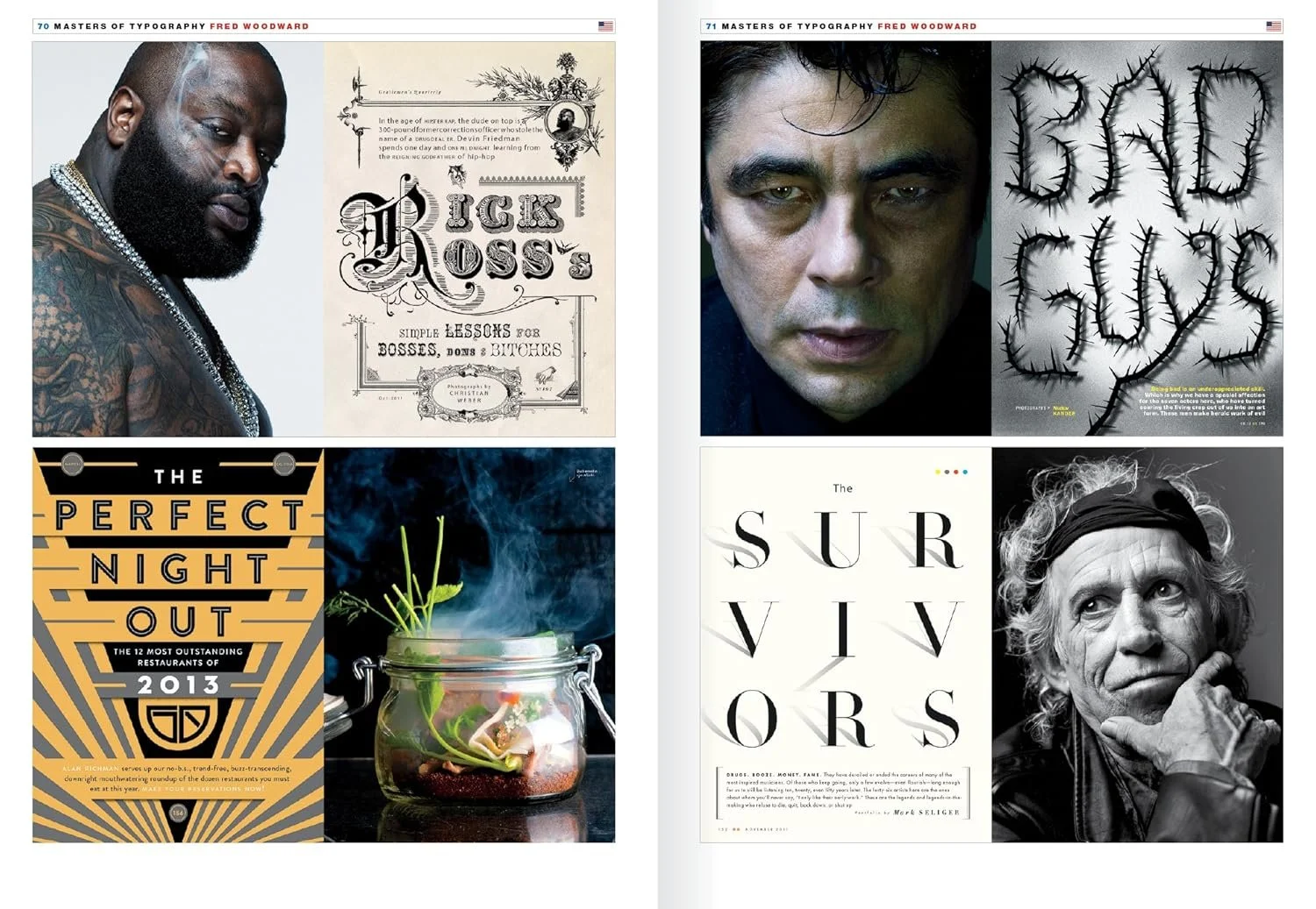 A collage of four magazine covers. The top left features a portrait of a man with tattoos, a beard, and heavy jewelry next to a vintage-looking text about hip-hop. The top right shows a close-up photo of a man's face with intense eyes next to the wor