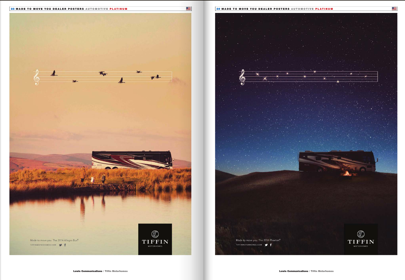 Two side-by-side advertisements for Tiffin motorhomes featuring a bus in scenic outdoor settings at sunset and night sky. The left shows a yellow sky with birds flying, the right shows a starry night with stars forming musical notes.