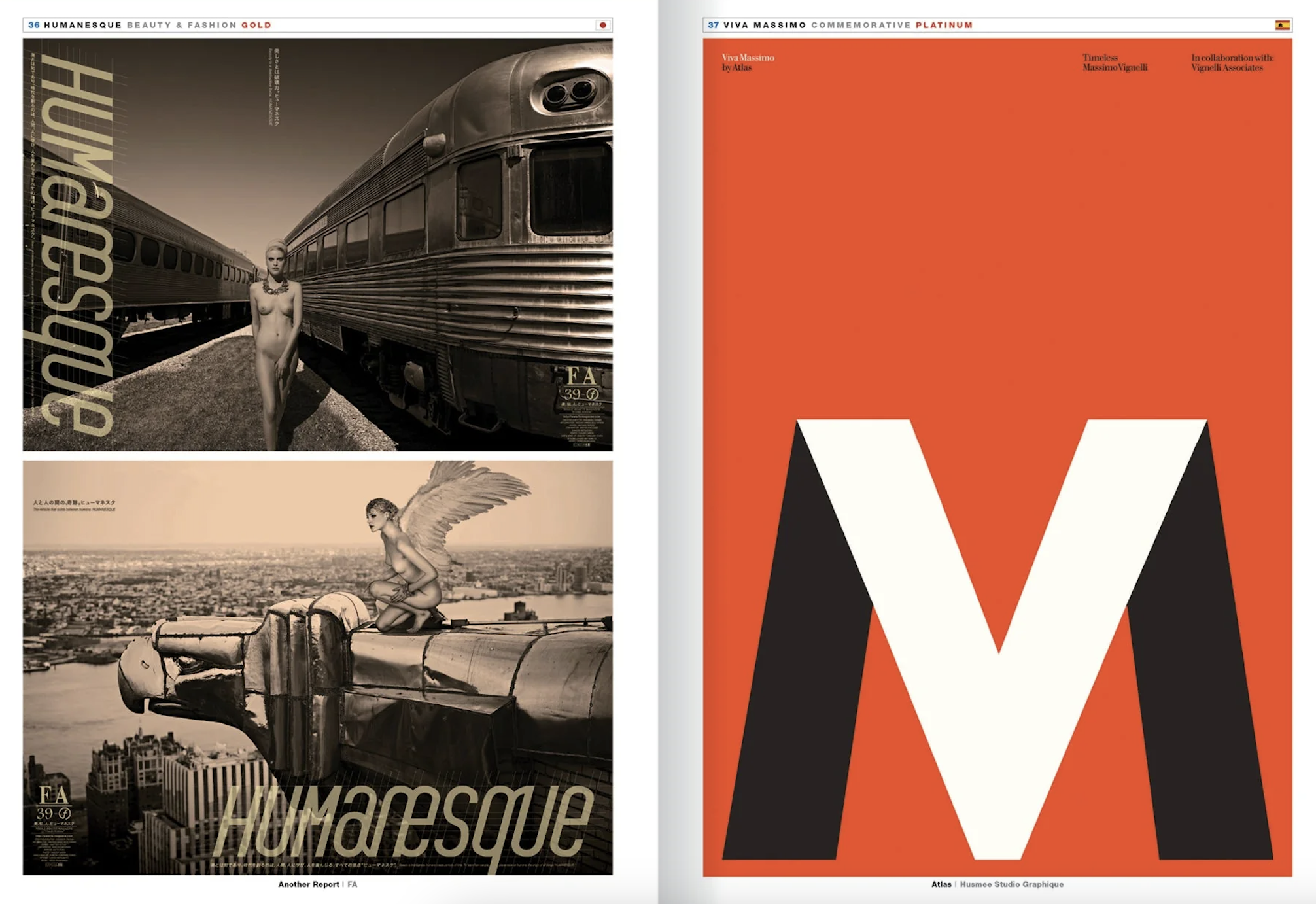 Two magazine pages. The left page features black and white photos of a nude woman with angel wings on a rooftop with a cityscape, and a woman with angel wings sitting on a large sculpture of a human face, with the text 'Humoresque'. The right page ha