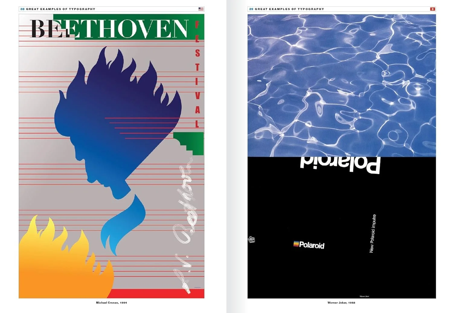 Two pages of a book showing examples of typography. The left page features a poster style design of Beethoven with a colorful silhouette of a person's profile inside fire, with text and lines. The right page displays a photograph of water ripples at 