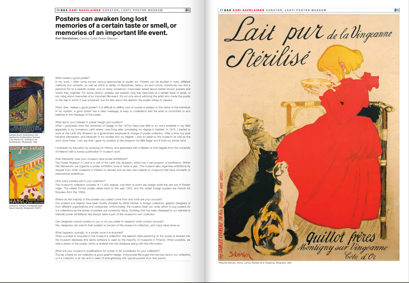 A vintage poster featuring a girl in a red dress sitting on a chair, holding a bowl, with three cats around her, one on her lap and two on the ground. The poster has French text including "Lait pur de la Vingeanne".