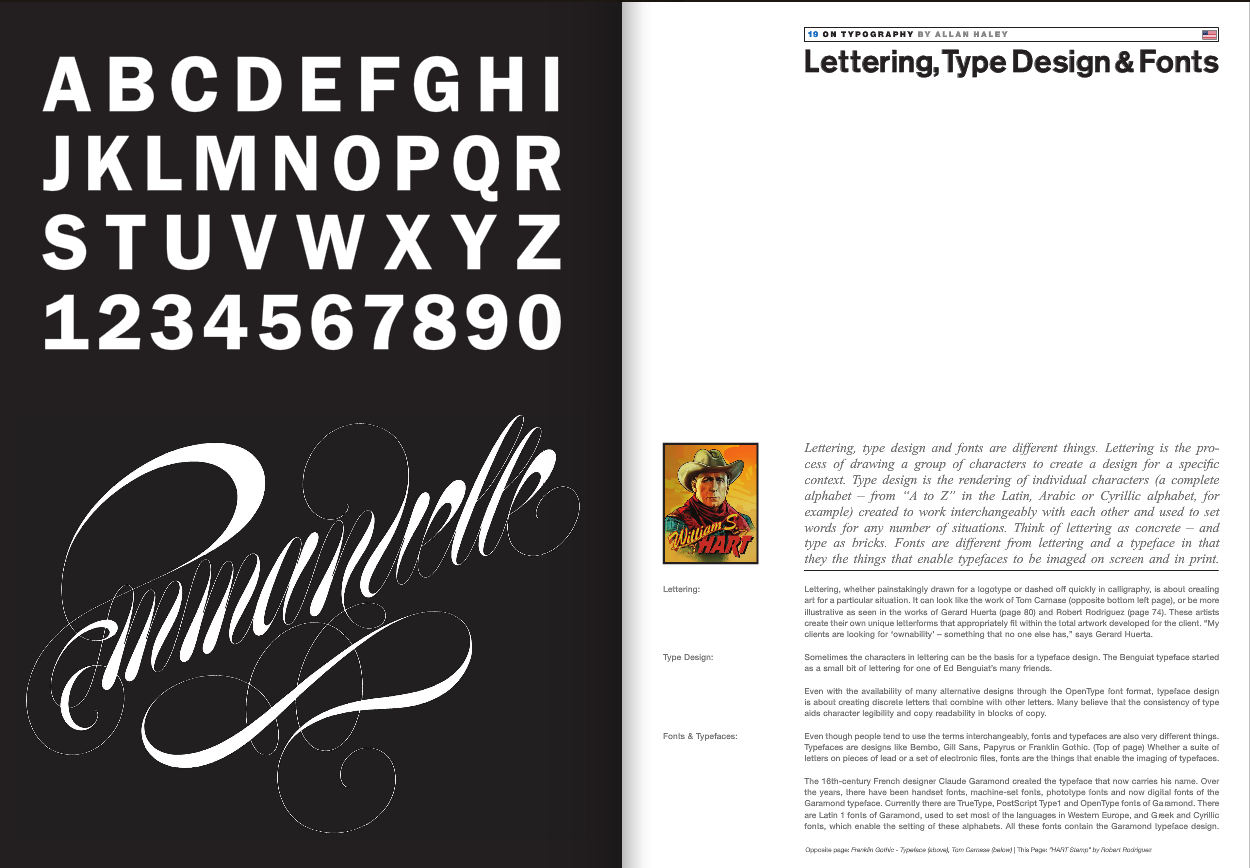 A magazine spread about lettering, type design, and fonts. Left page displays the alphabet and numbers in bold, uppercase letters, and the word 'Calligraphy' in elegant script. Right page includes text explaining lettering and type design, a small po