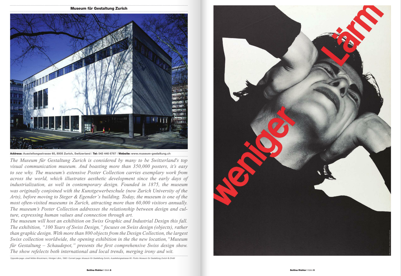 A modern white and gray building with large windows, shadows of leafless trees cast on its walls, and a street scene in Zurich, Switzerland.