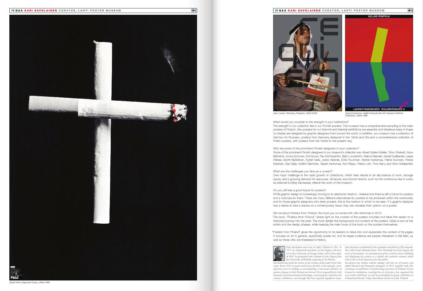 Black poster with a white cigarette crossed with a white cigarette, both with red spots near the filter end.