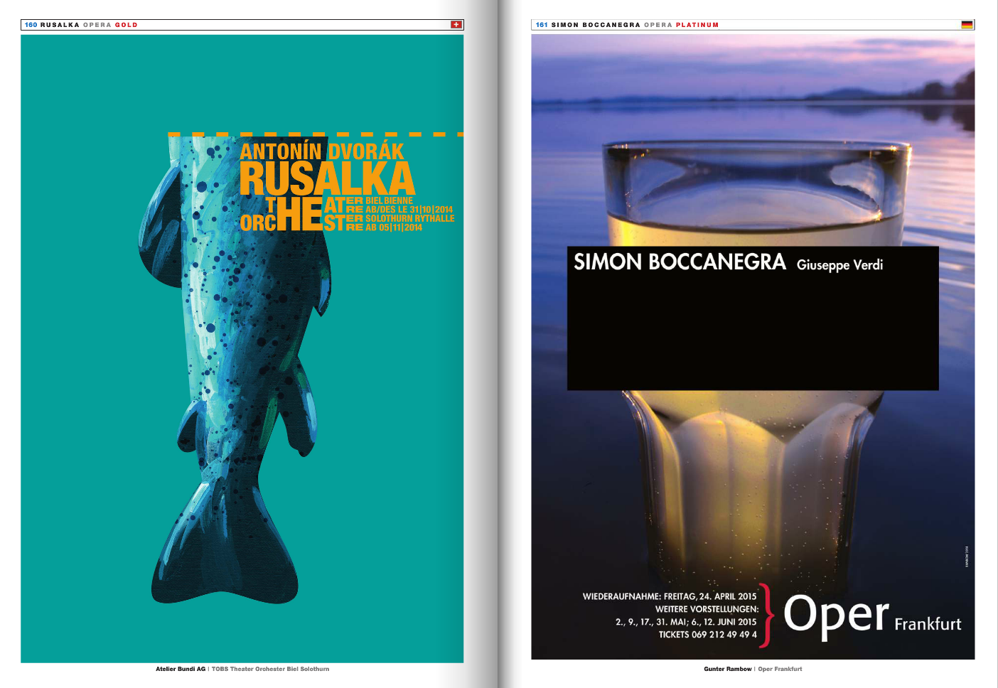 Left page: Poster for Antonín Dvořák's Rusalka opera with an illustration of a fish. Right page: Poster for Simon Bocanegra opera showing a glass of water with a reflection of a sunset or sunrise on a body of water.