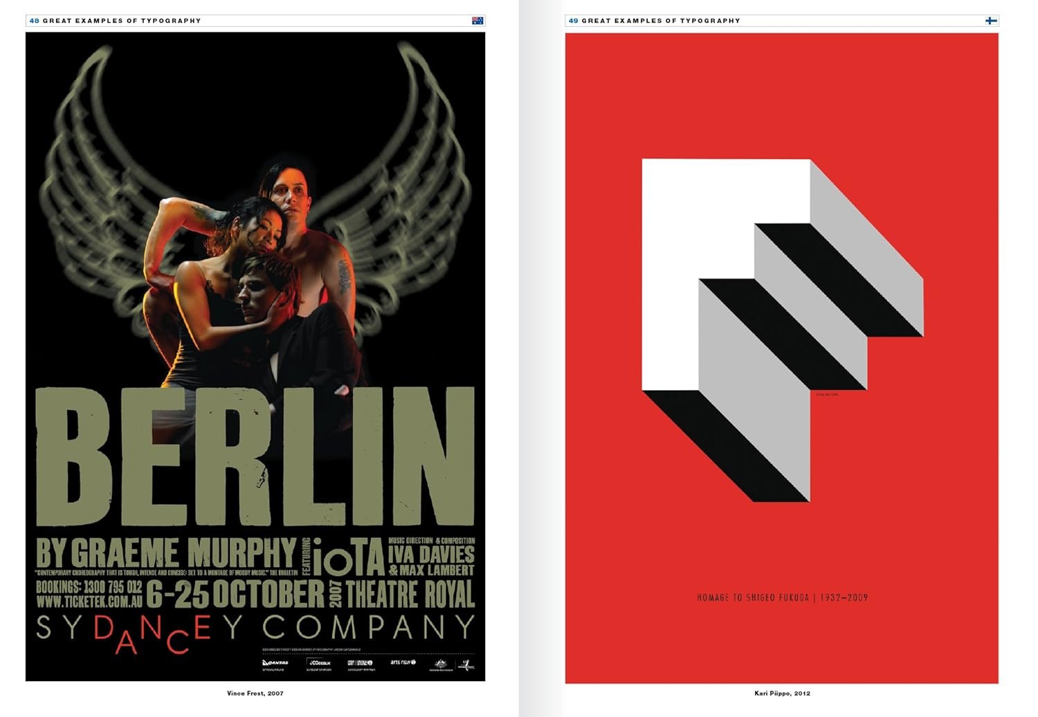 Left side: A poster for a dance performance with three people embracing, large wings behind them, and bold text reading 'BERLIN' and details about the event. Right side: A minimalist red poster with a three-dimensional geometric shape, resembling an 