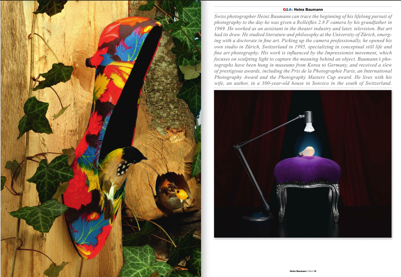 Left: A colorful shoe resting on a wooden surface surrounded by green ivy leaves with a bird nearby. Right: A photography setup with a purple velvet stool, a lamp shining light on a light bulb, and a red curtain in the background.