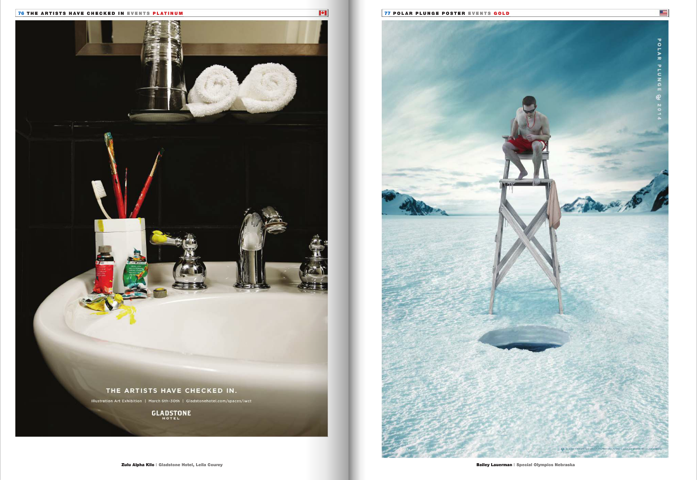 Left page shows a bathroom sink with toothbrushes, toothpaste, a water glass, towels, and other toiletries. There is a caption mentioning art checked-in at a hotel. Right page features a person sitting on a lifeguard chair on a snowy landscape, with 