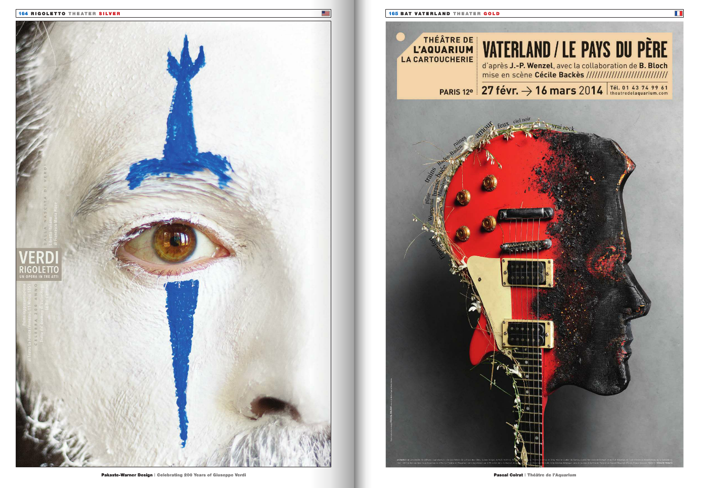 Two artistic posters. The left poster features a close-up of a person's face with face paint resembling the Swedish flag and the text celebrating Giuseppe Verdi's 200th birthday. The right poster shows a silhouette of a human head made of a guitar wi