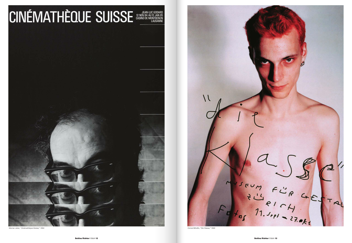 Left side: Swiss film poster titled "Cinémathèque Suisse" with a black-and-white photo of Werner Jeker's face with multiple overlays of his glasses and eyes. Right side: Dusty Springfield with short red hair, topless, with handwritten text over her b