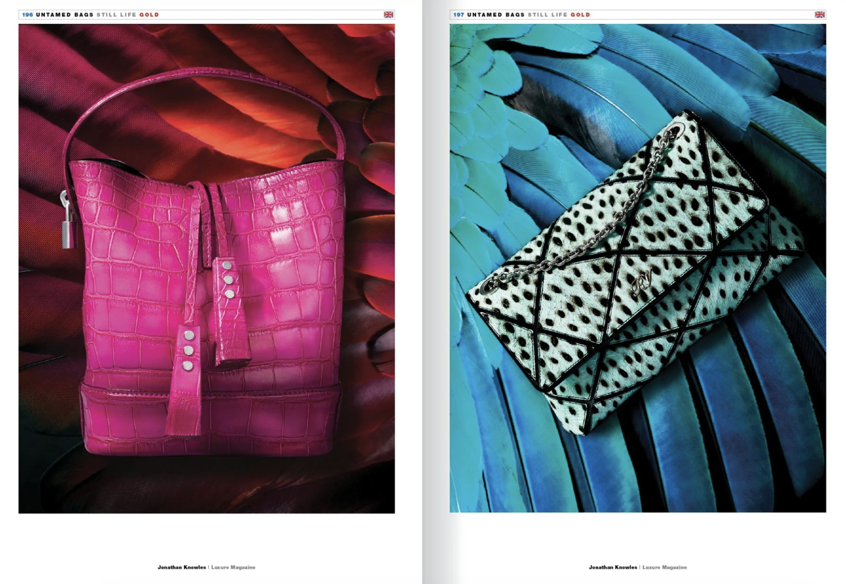 Two luxury handbags placed on vibrant, colorful backgrounds. The left handbag is pink with a crocodile skin pattern, and the right handbag is white with black polka dots and a chain strap. Both bags are styled with dramatic lighting and lush fabrics.