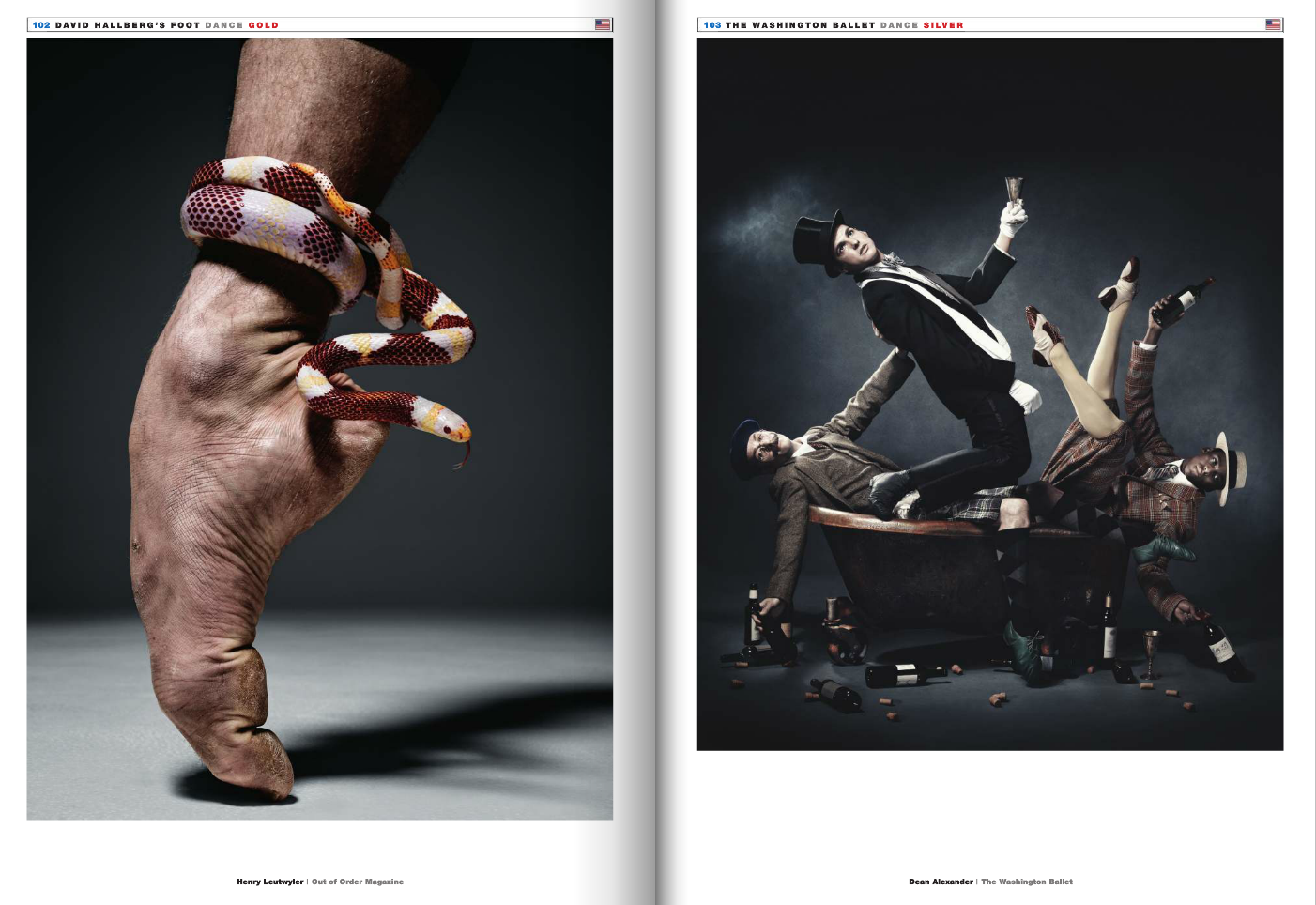 Left image shows a close-up of a foot with a snake wrapped around the ankle. Right image depicts dancers from the Washington Ballet posing dramatically with a vintage bathtub, with bar bottles and scattered props on the floor.