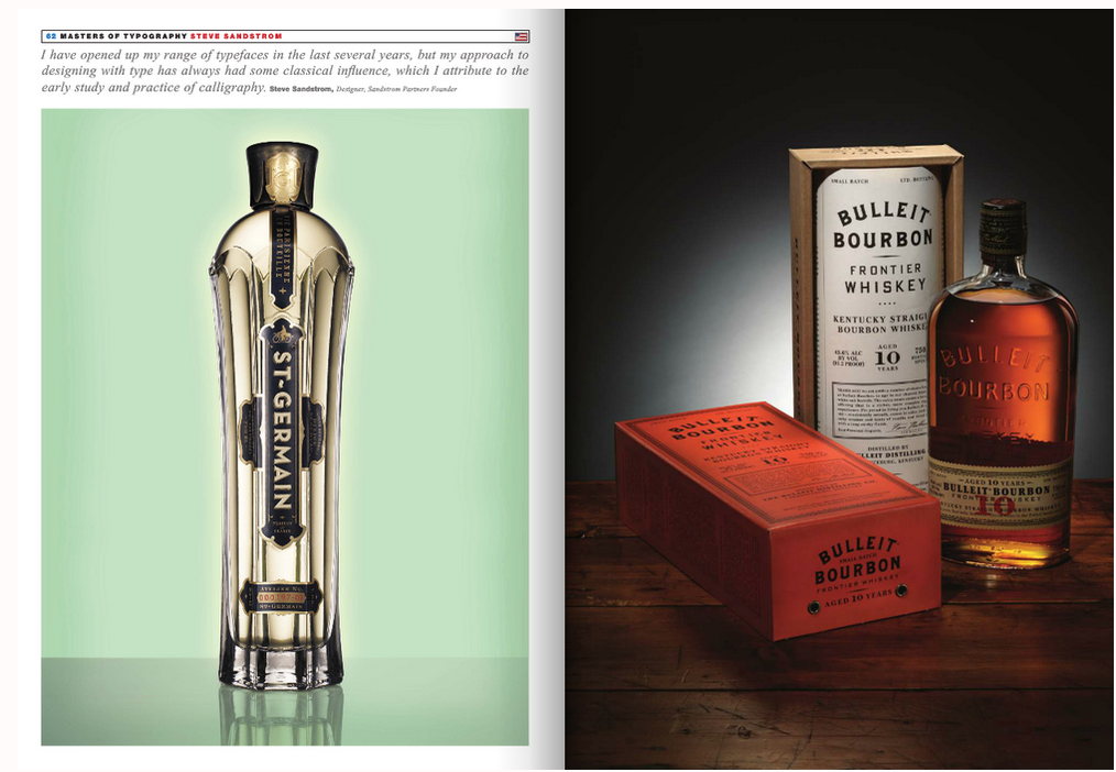 A vintage style article explaining typography art, featuring a tall, ornate glass bottle of Stolerman gin on a green background on the left and a boxed bottle of Bulleit Bourbon whiskey with its packaging on a wooden surface on the right.