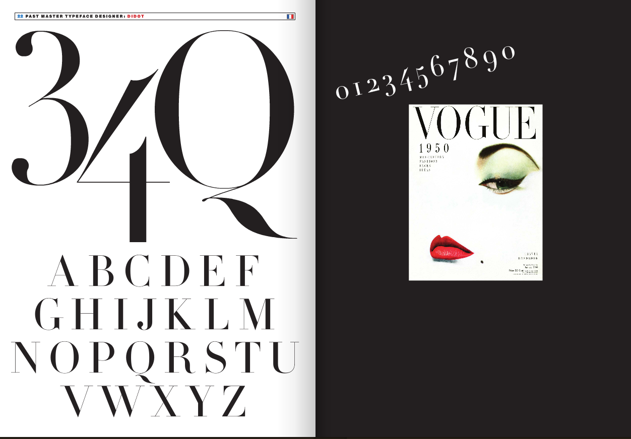 A black and white spread from a design book featuring large numbers and alphabet in a modern serif typeface on the left page, with a diagonal sequence of numbers 0-9 at the top, and a Vogue magazine cover with makeup-focused face on the right page.