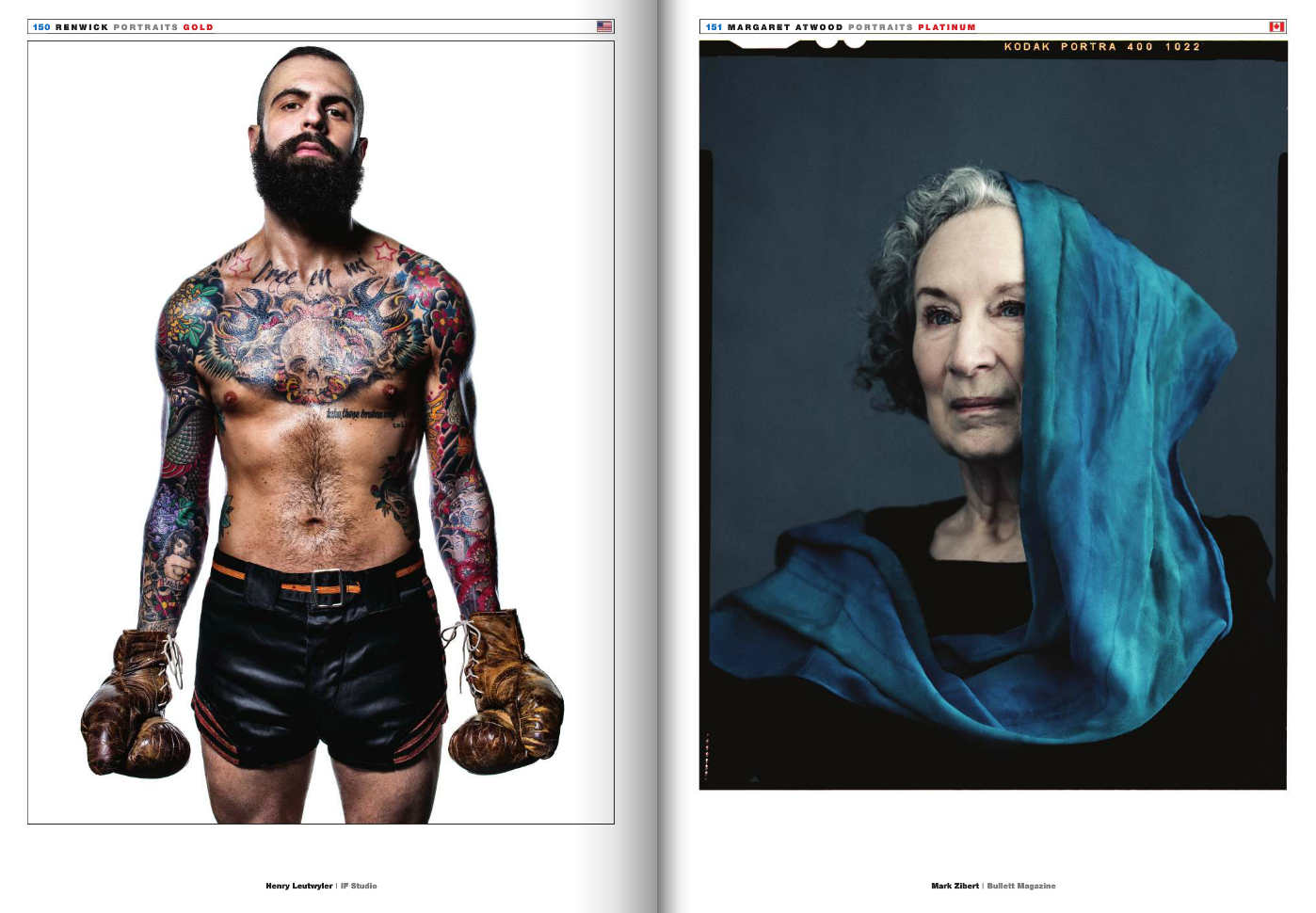 Portrait of a muscular, tattooed man with a beard, wearing boxing gloves and black shorts, standing against a plain white background, and a portrait of an elderly woman with curly gray hair, wearing a blue shawl, against a dark background.