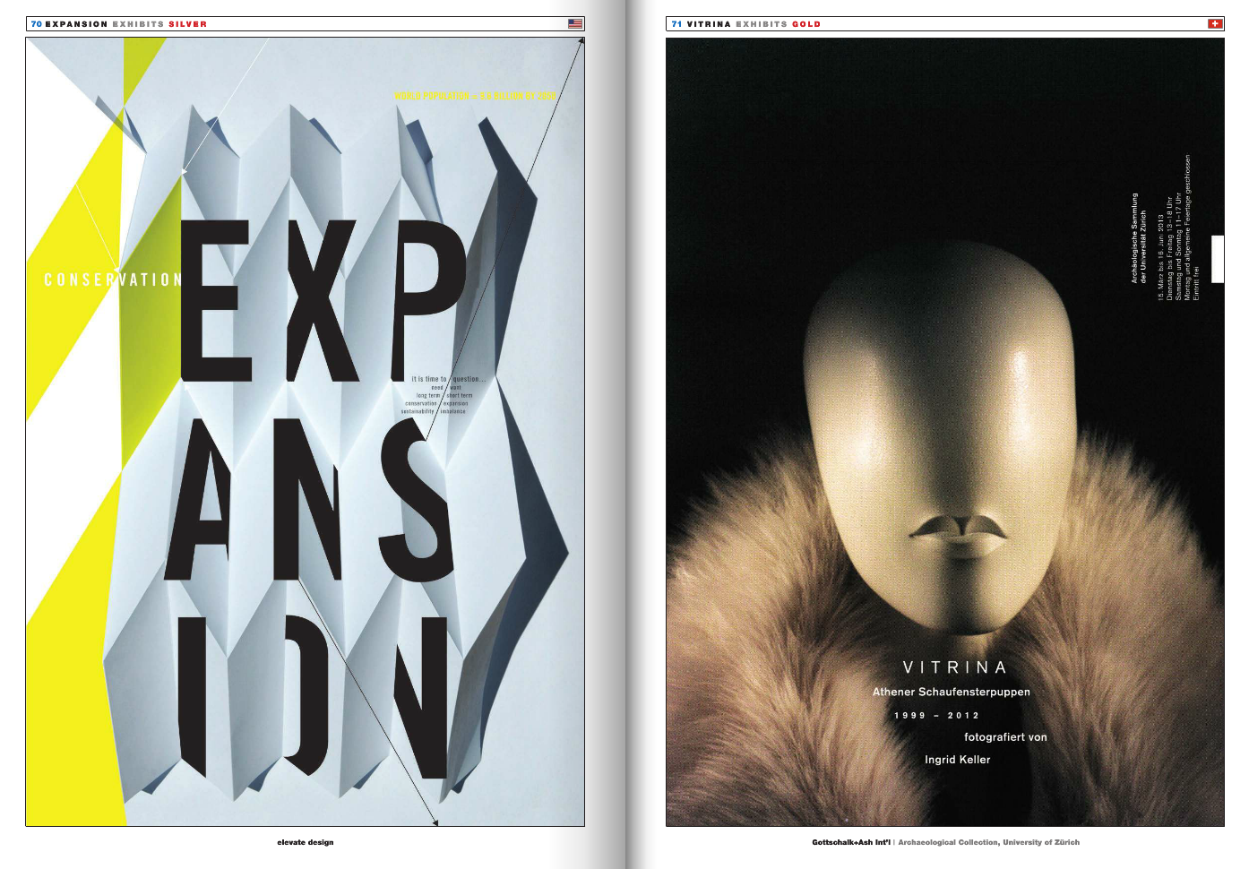 Left page: Abstract design with folded paper and bold black text reading 'EXPERIANSION'; yellow and green accents, and small words about conservation, time, long term, and sustainability. Right page: A photograph of an art installation with a smooth,