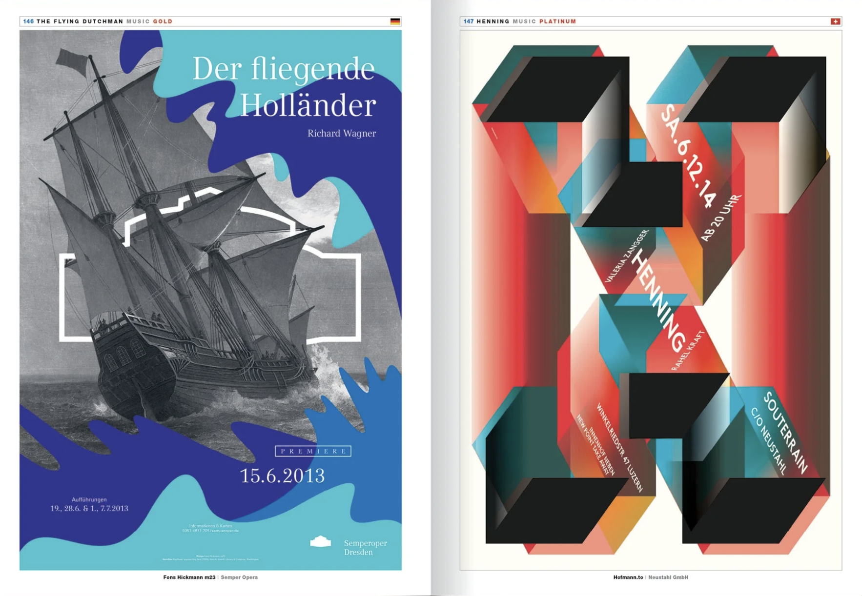 Left side: Poster of a sailing ship with gray and blue background, text in German promoting Richard Wagner's opera 'Der fliegende Holländer' with premiere date 15.6.2013. Right side: Abstract geometric digital artwork with black, red, blue, orange, a