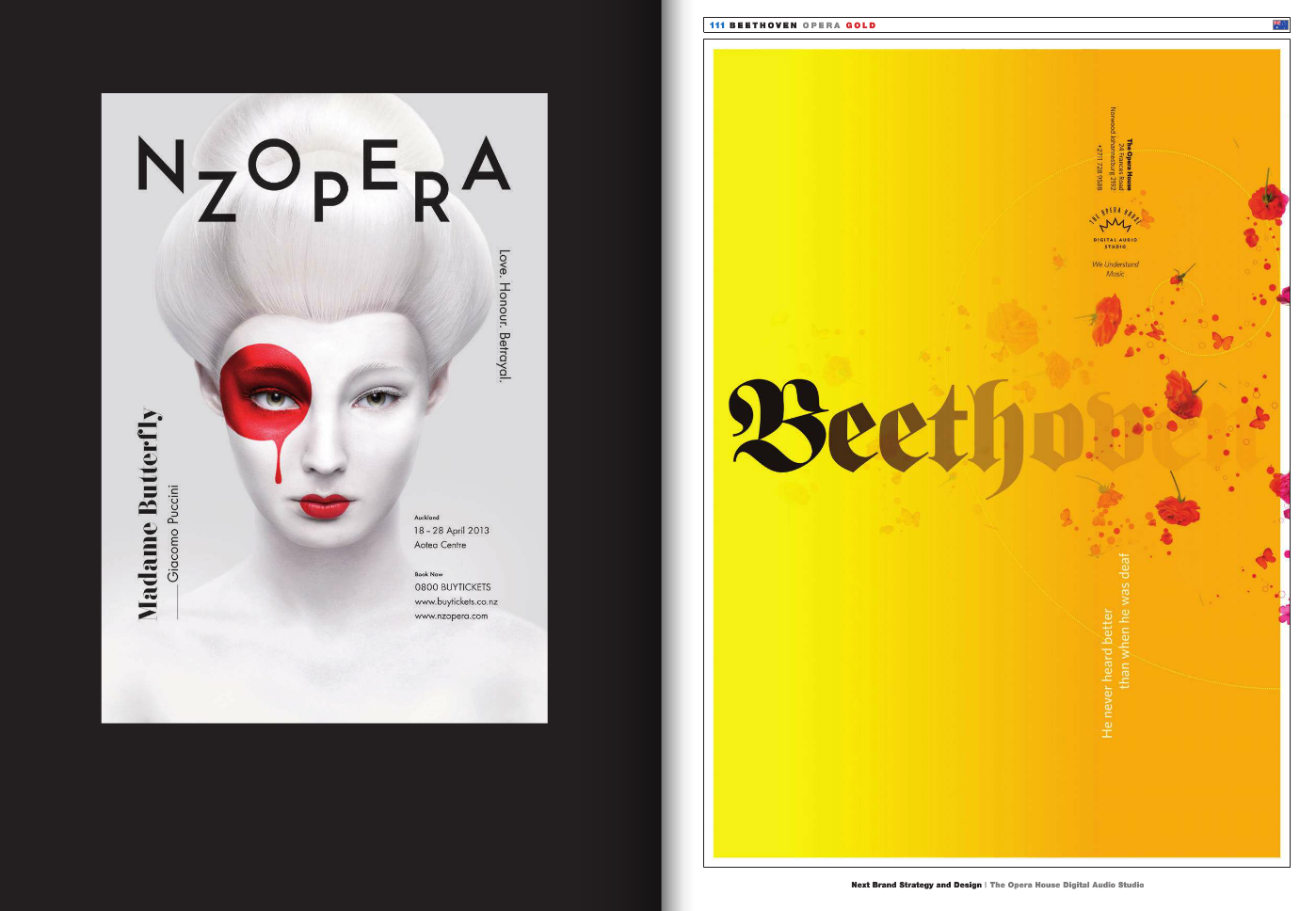 Two posters. The left poster promotes an opera titled 'NzoPara' featuring a woman with platinum blonde hair and white skin with red makeup around her eye, with text indicating it is for 'Madame Butterfly'. The right poster promotes Beethoven with a b