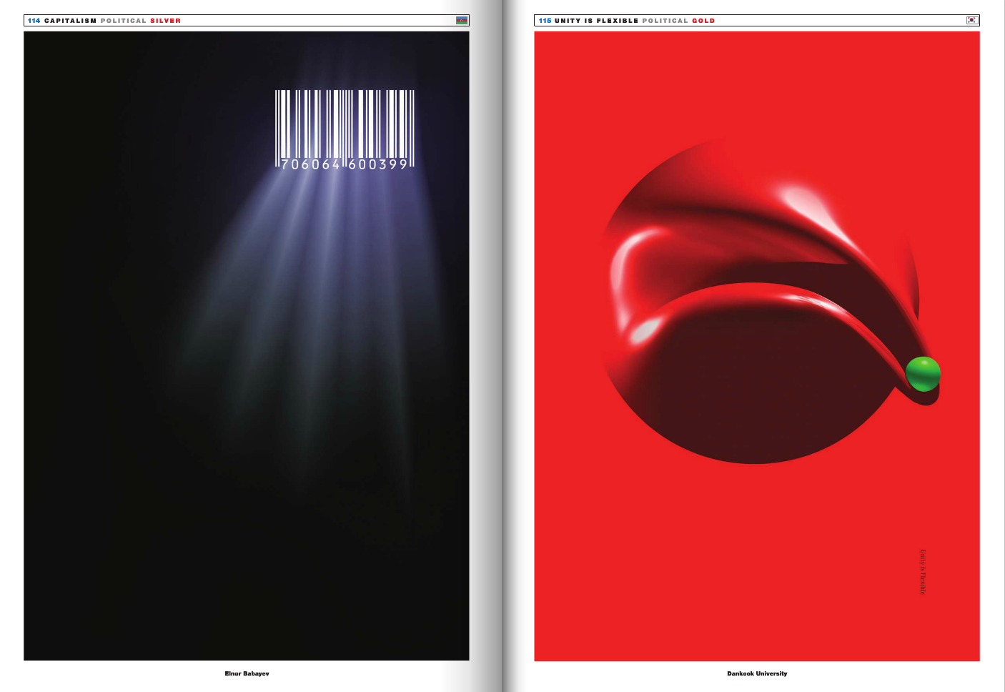 Left page features a barcode with light beams shining downward on a black background. Right page shows an abstract red shape with a green sphere at one end on a red background.