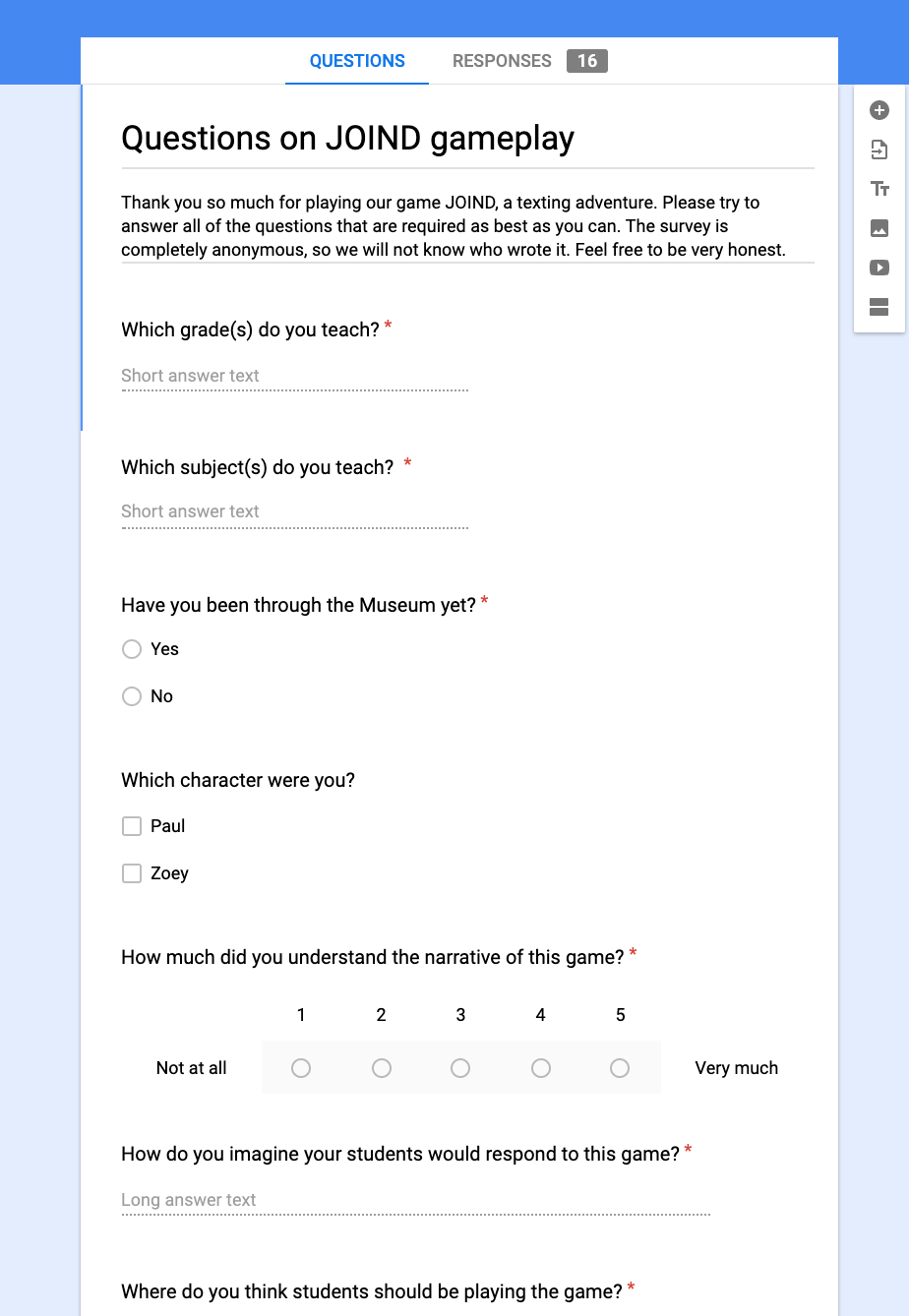 Surveys I designed for playtesters
