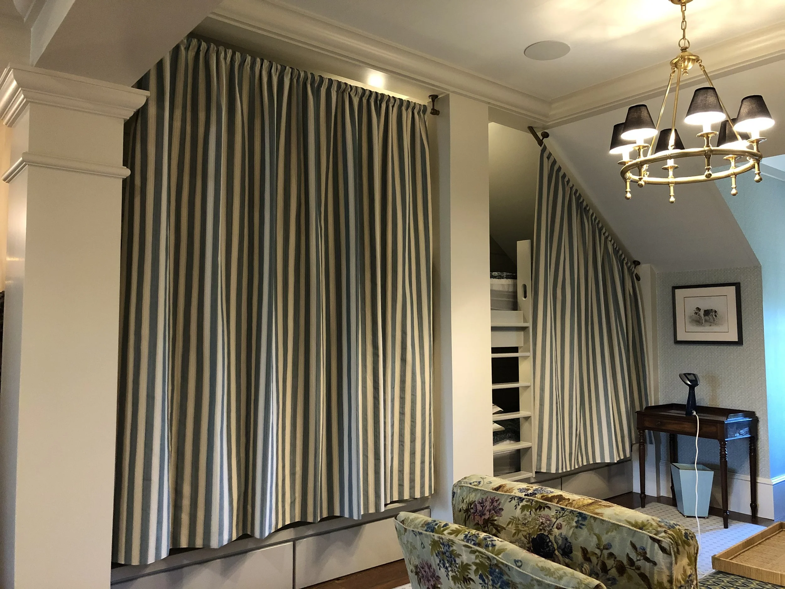 Bunk room, during installation. Curtains by Savannah Window Fashions
