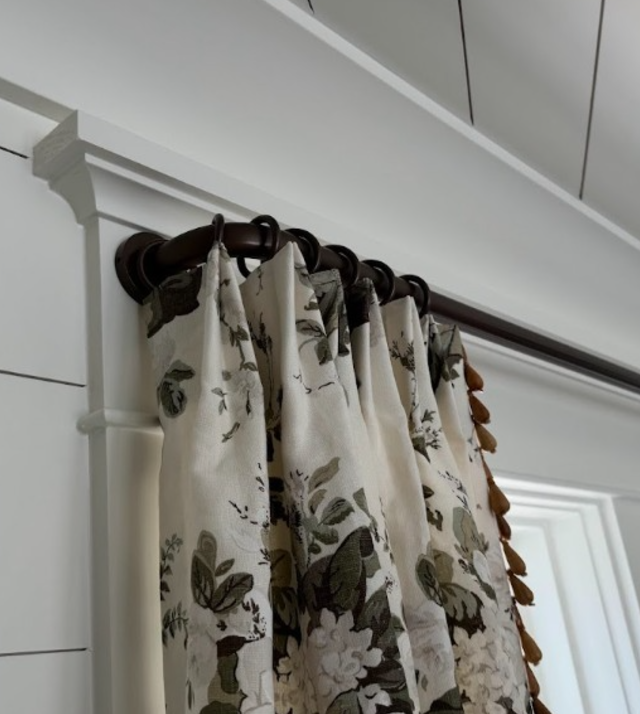   Custom bent French return hardware required precise measurements for mounting on window molding. Design by Shelley Wilkins Design.  