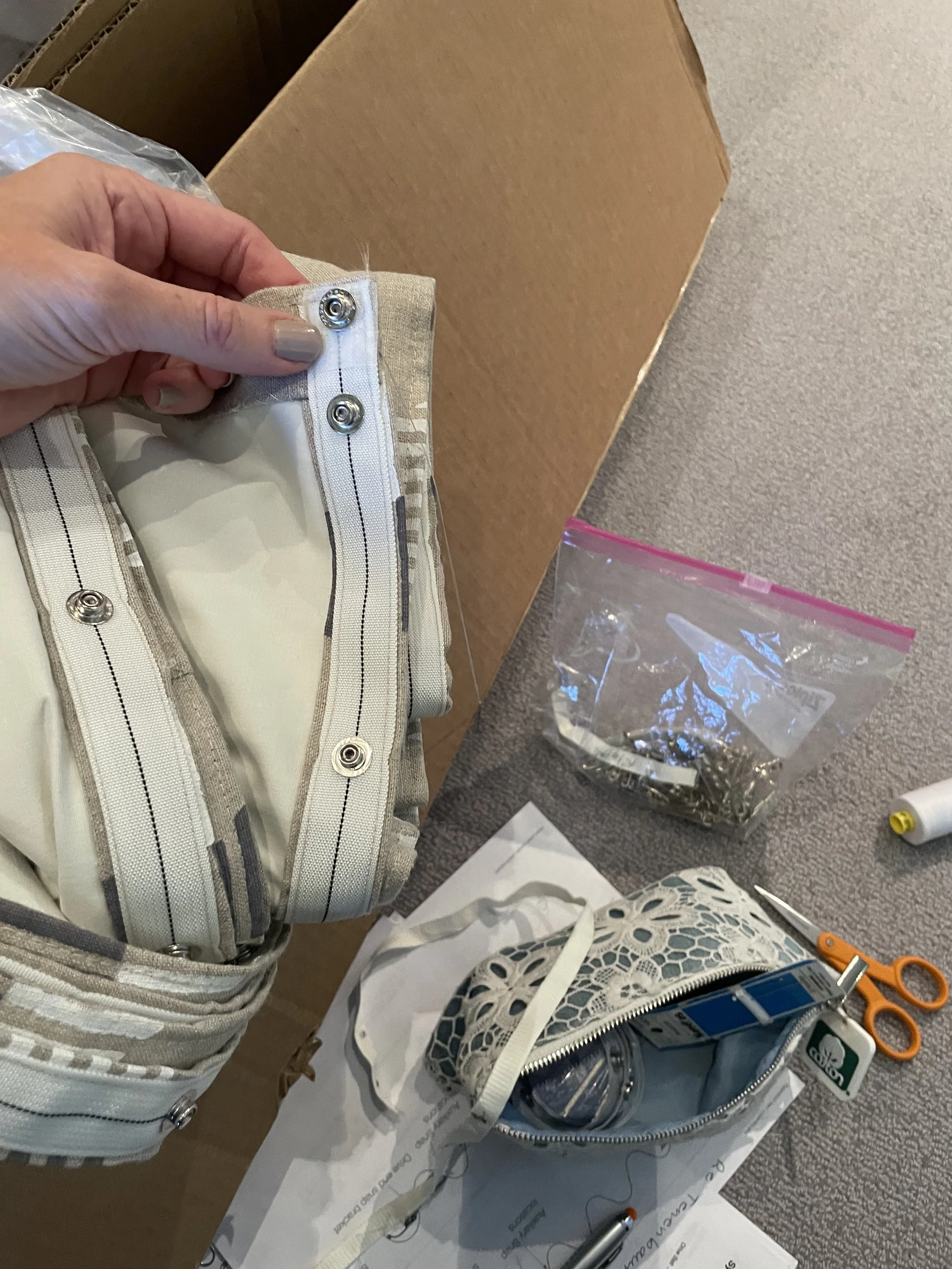 When you realize at install drapery panels are missing one snap … break out sewing kit and make it happen