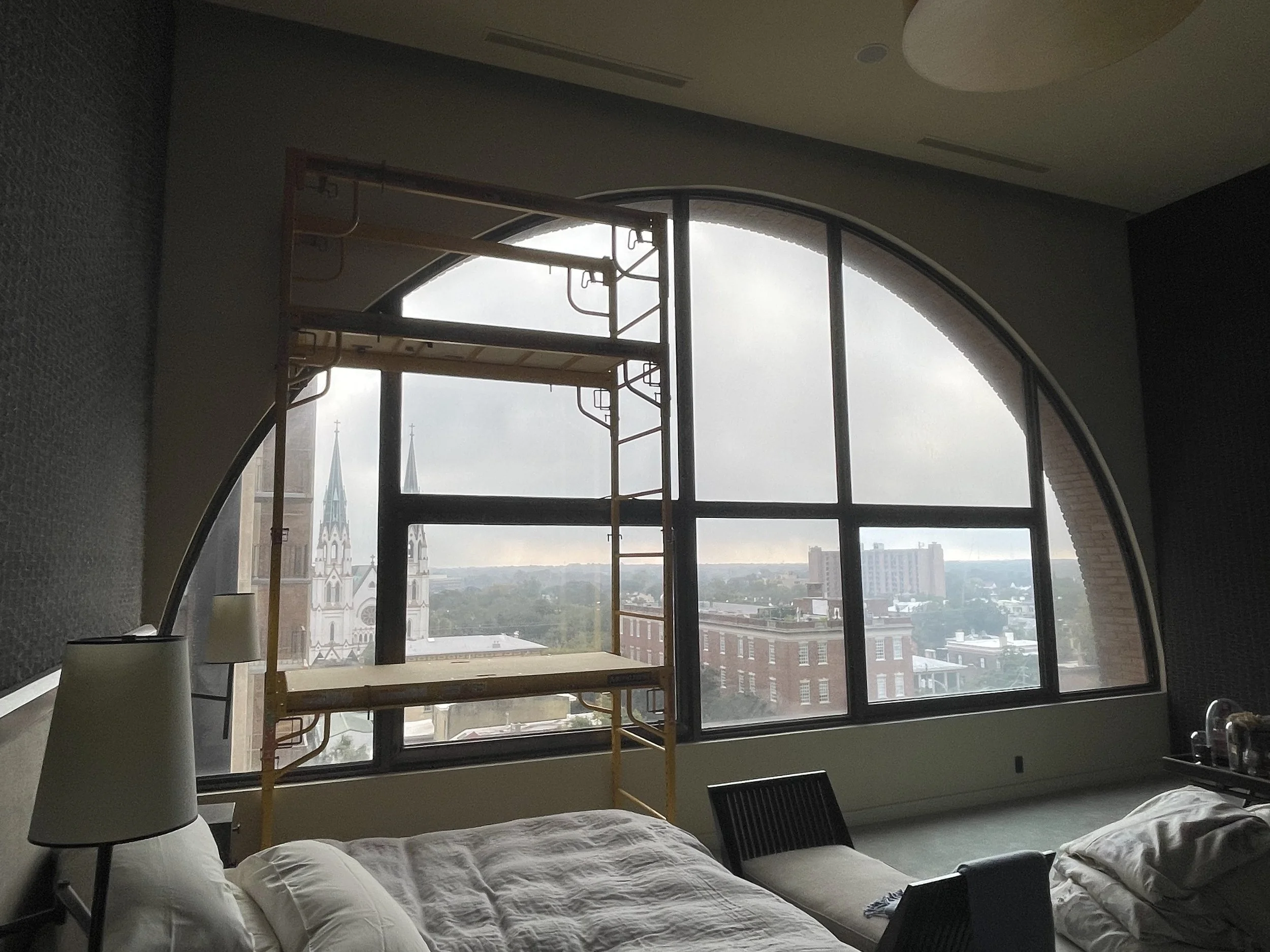 Scaffolding was needed to remove the old drapes.