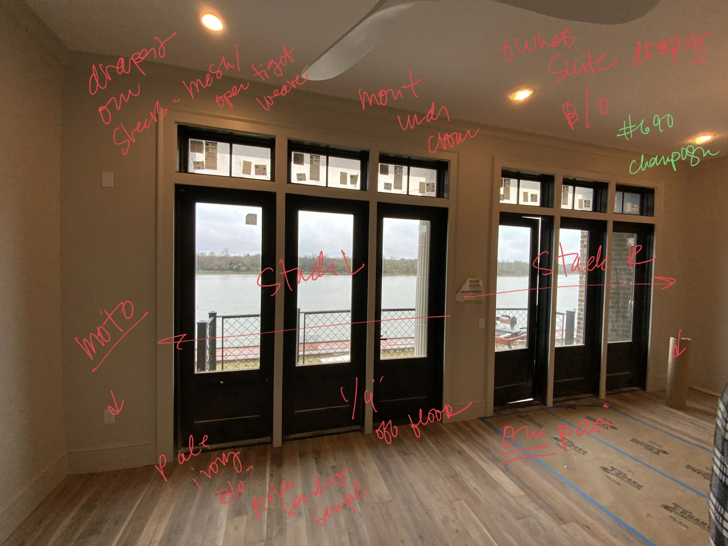 This before photo illustrates what goes into the planning phase of custom motorized window treatments.