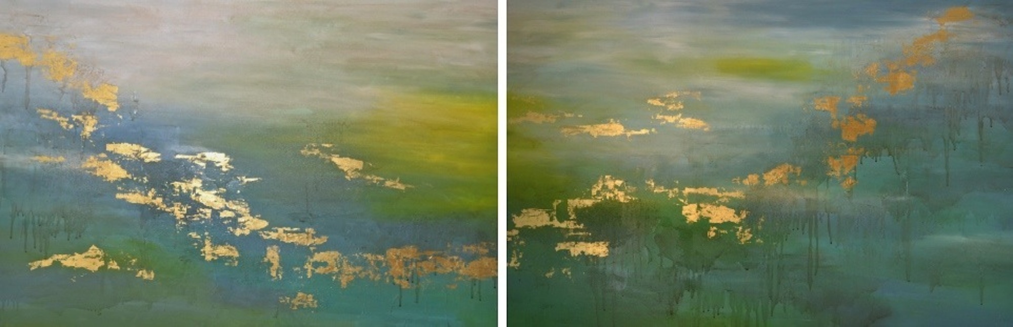 Sunshine on the river suffused in hazy golden light 95 x 265 cm