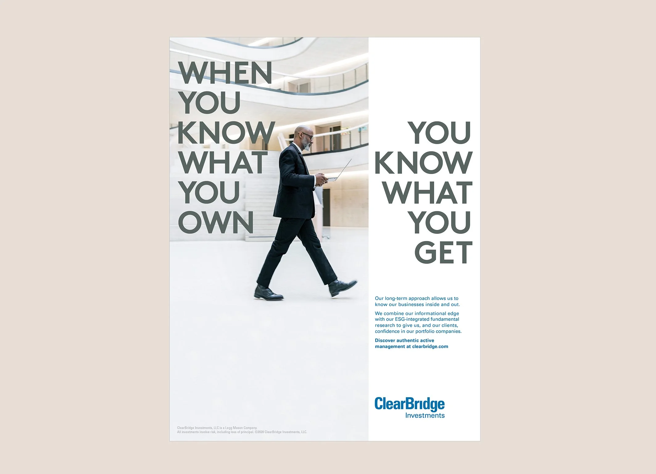 A man in a business suit walking through a modern, multi-level building, looking at a laptop, with bold text overlaying the image stating "When you know what you own, you know what you get."