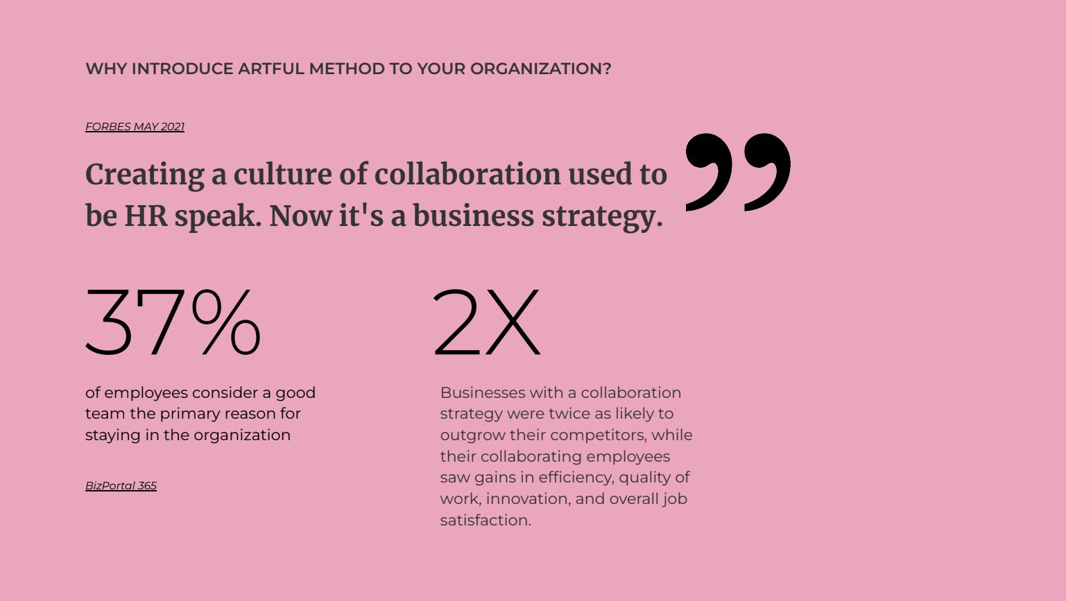 Pink background with black and purple text featuring statistics and quotes about organizational collaboration and HR strategies from Forbes and BizPortal 365.