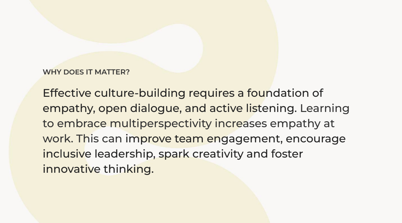 Artful Method description about culture-building and empathy in the workplace on a page with a light abstract background.