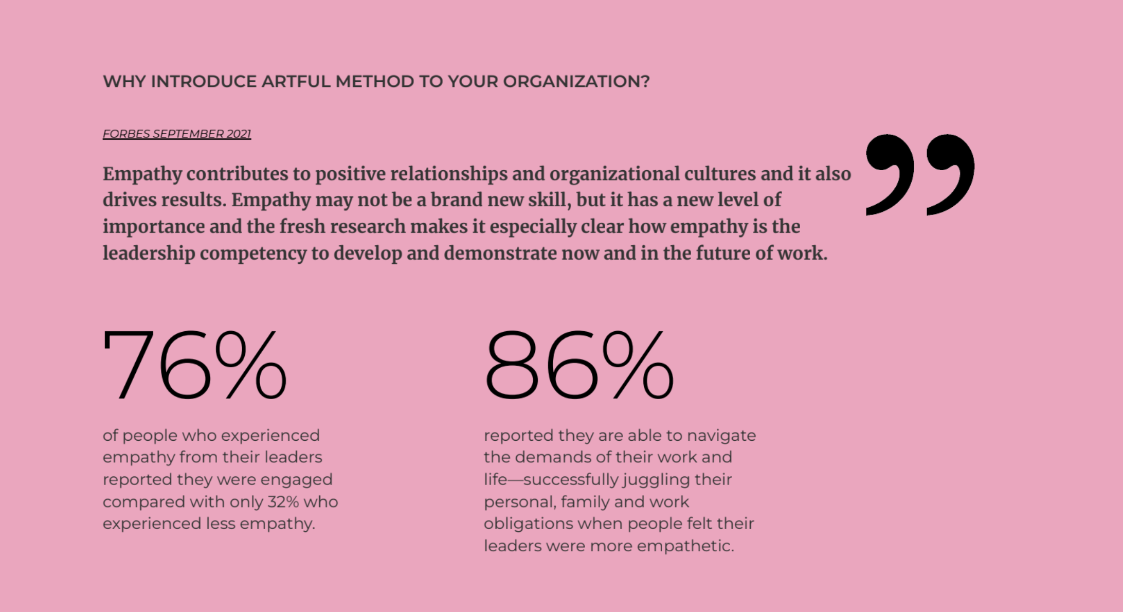 A pink background with a quote about empathy and organizational culture from Forbes. Large percentage statistics are partly visible at the bottom, including 76% and 86%.