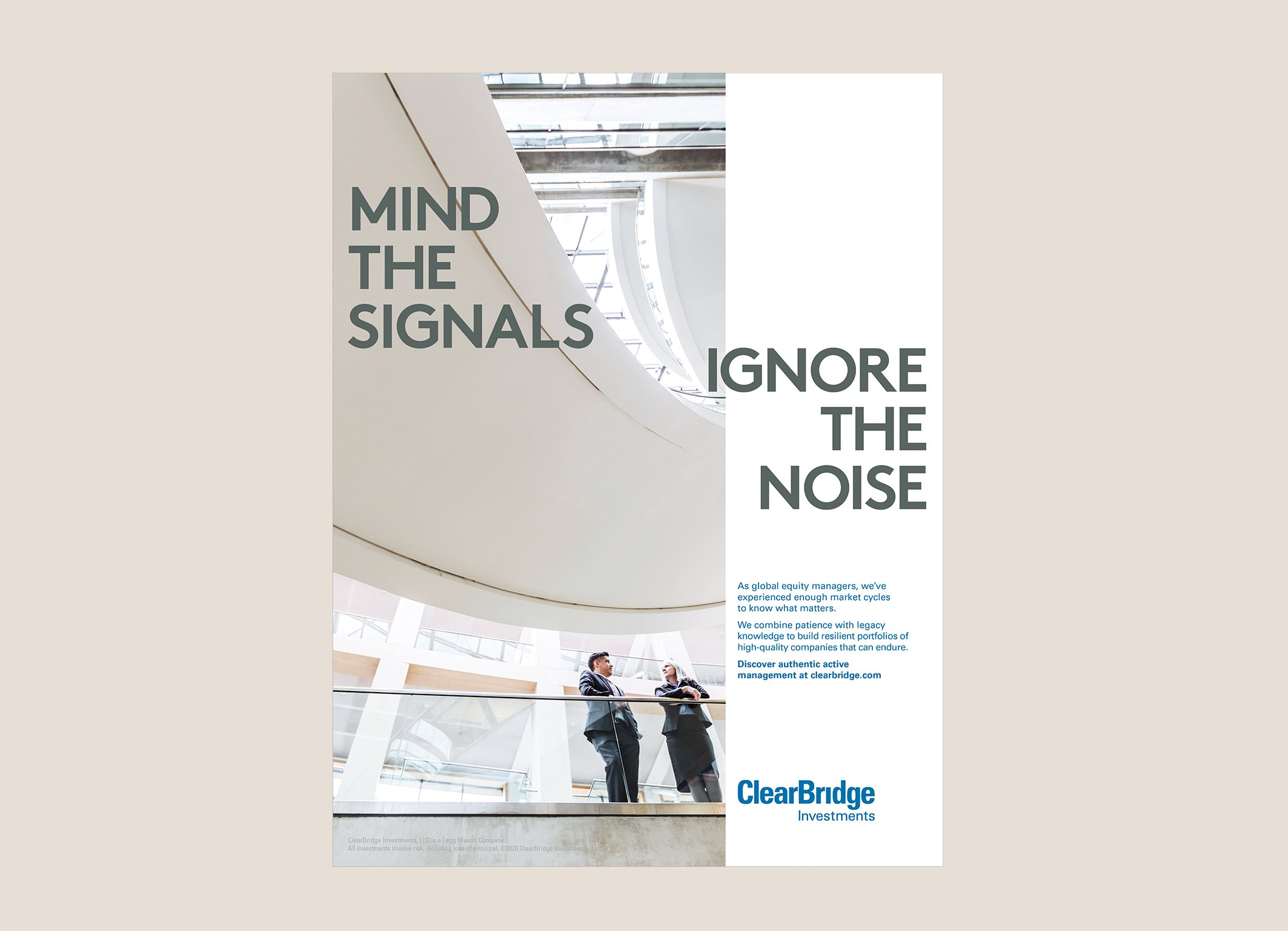 A modern, multi-story building interior with a curved white wall and large glass windows. Two people are standing and talking on a balcony or mezzanine level, with a male in a suit and a female in business attire. Overlaid text reads 'MIND THE SIGNALS, IGNORE THE NOISE'.