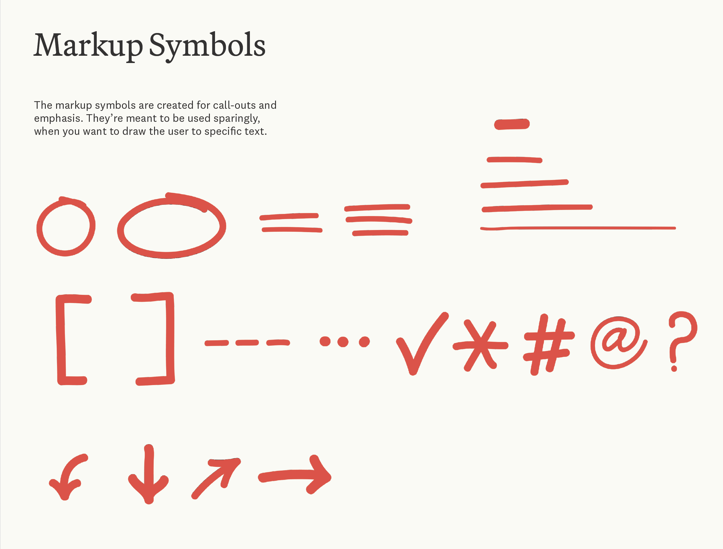 Illustration of various markup symbols in red, including circles, rectangles, lines, arrows, and special characters, on a white background, with a description of their purpose in call-outs and emphasis in text.