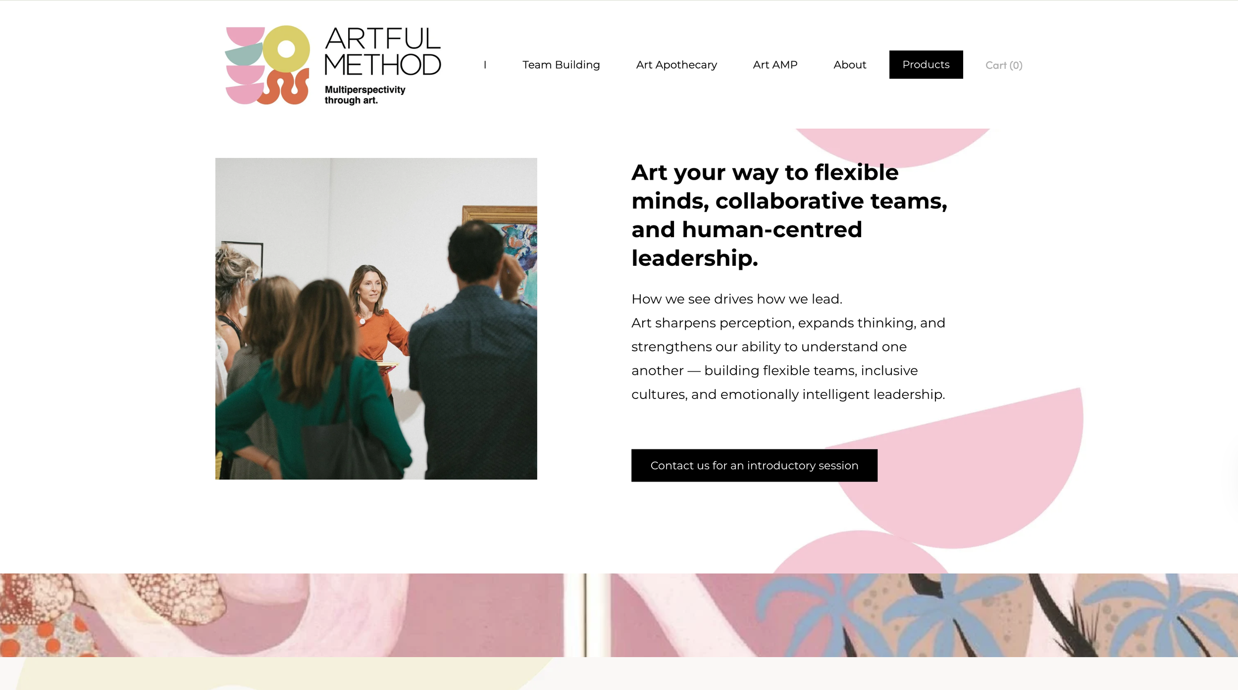 Website homepage for Artful Method, featuring a photo of a woman speaking to an audience in an art gallery, with text about building flexible, human-centered teams through art.