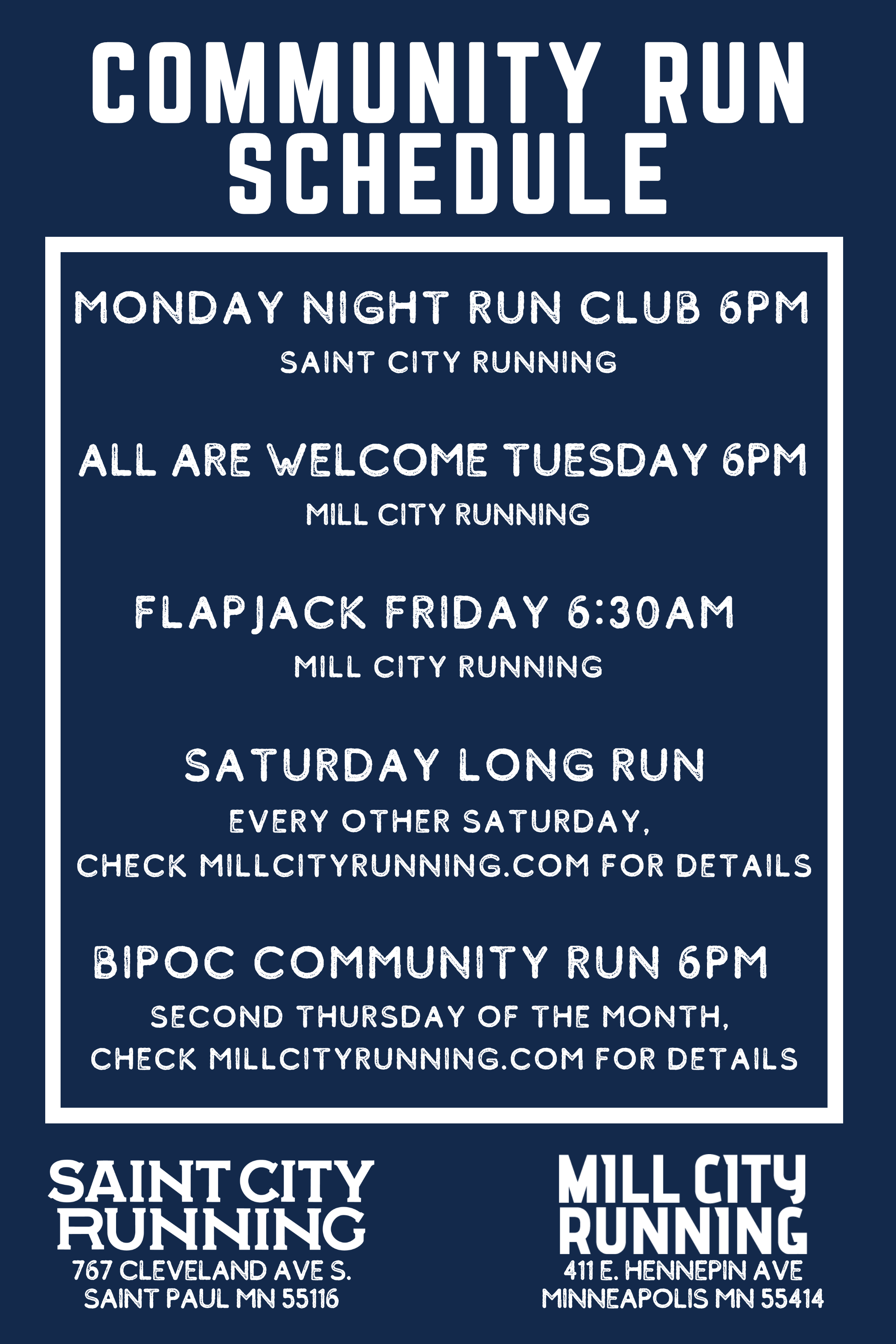 Weekly Run Schedule — Mill City / Saint City