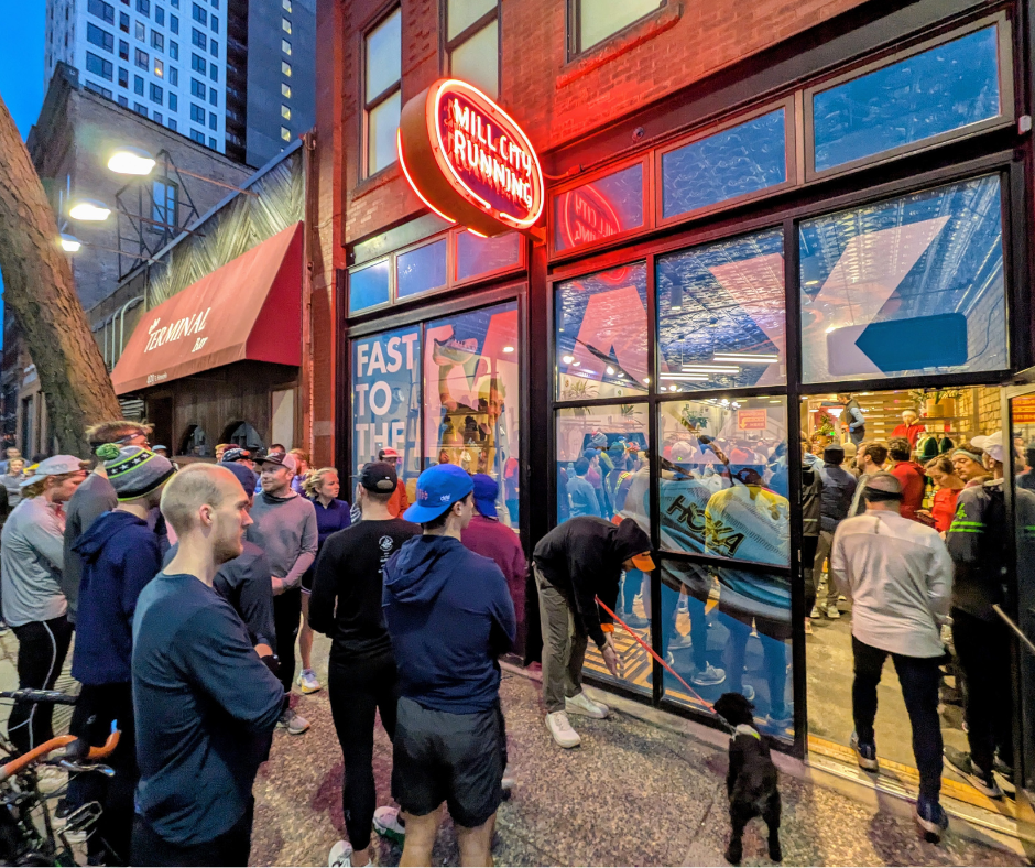 Runners getting ready for a group run at Mill City Running in Minneapolis